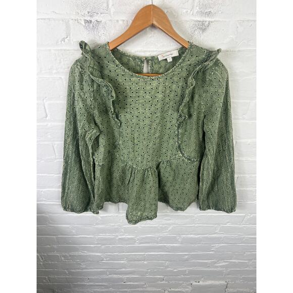 Anthropologie Eri + Ali Women's Victoria Eyelet Ruffle Blouse Top Green Size M - Picture 3 of 7